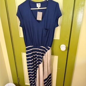 NWT ANTHROPOLGIE Navy and Cream Striped Dress WITH POCKETS
